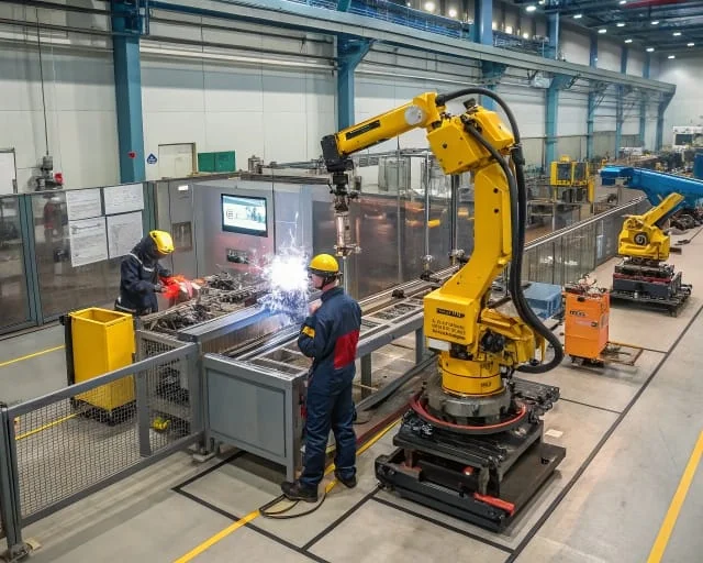 human-use-computer-control-robot-arms-working-procuction-convoyed-smart-factory-industry